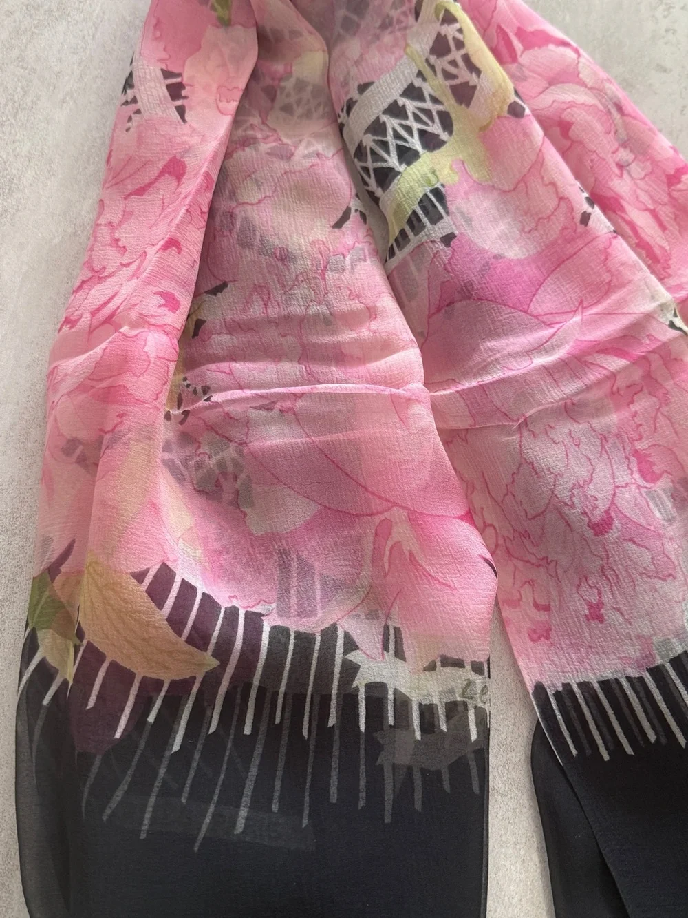 Hermes Pink Floral Silk Scarf with Black Border and Green Leaves